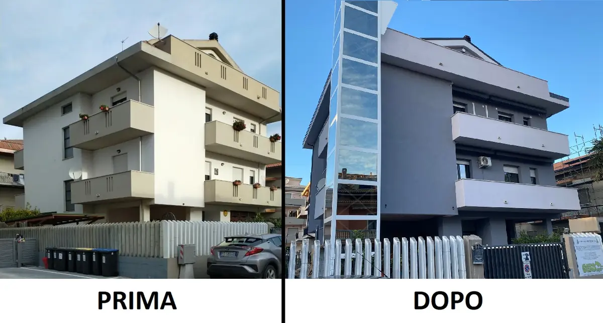 Prima e dopo del rifacimento della facciata di una palazzina in provincia di Pescara