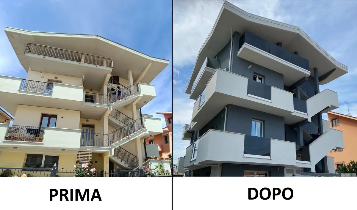 Prima e dopo della riqualificazione di un edificio residenziale con balconi in provincia di Pescara
