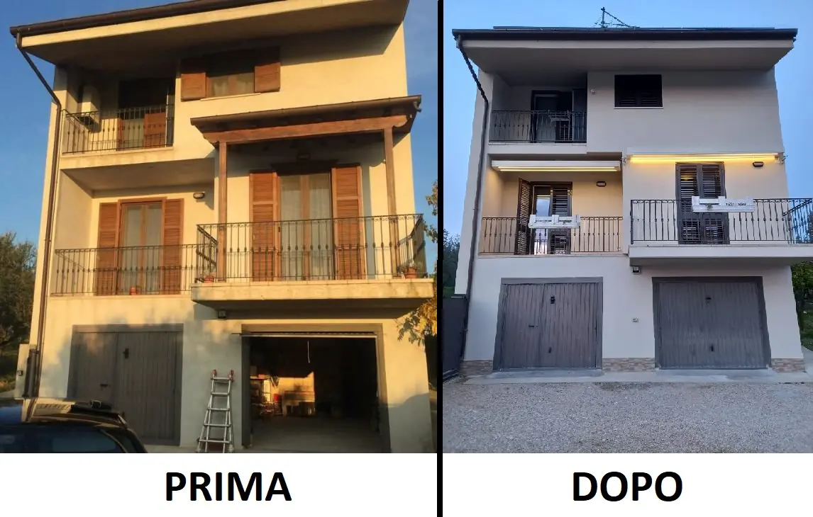Prima e dopo della ristrutturazione esterna di una casa con garage in provincia di Pescara