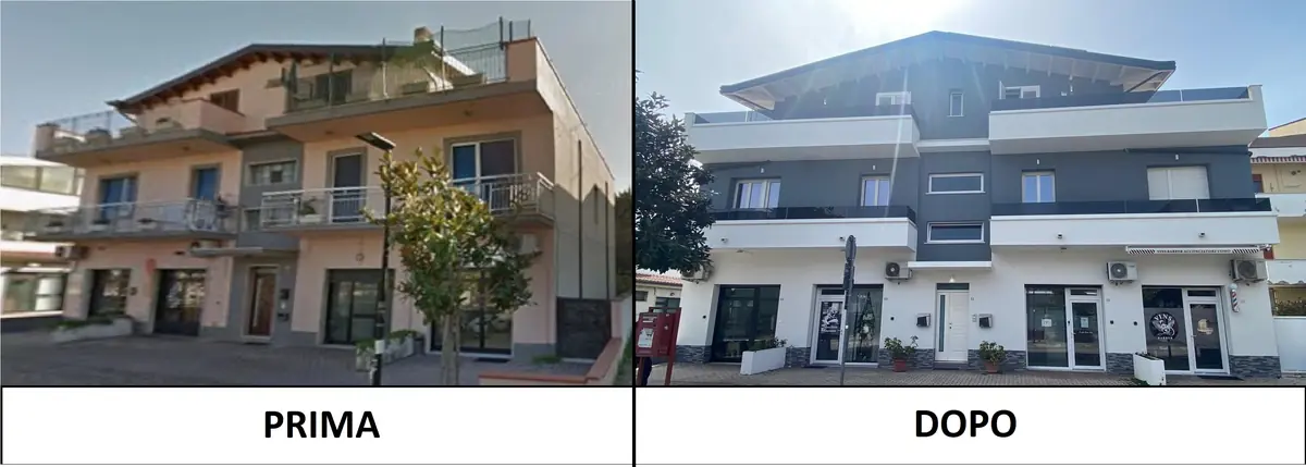 Prima e dopo del rifacimento della facciata di un edificio con negozi in provincia di Pescara
