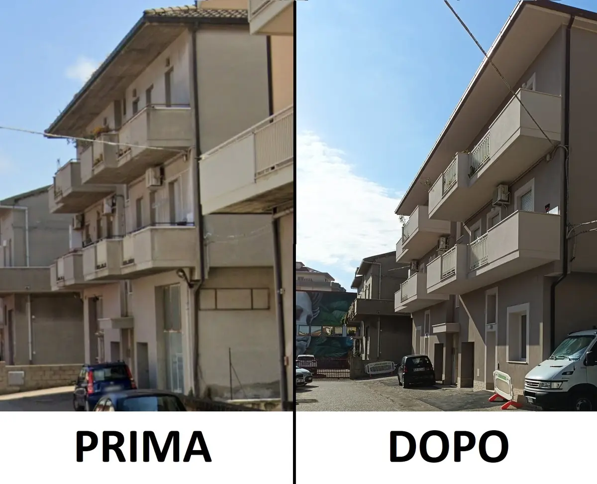 Prima e dopo del rifacimento della facciata di un condominio in provincia di Pescara